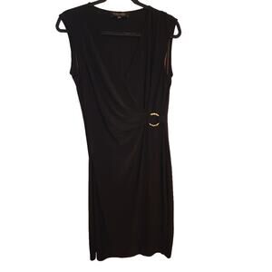 Evan-Picone Black Label Black Faux Wrap Sleeveless Midi Dress Gold Ring Size 8